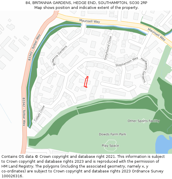 84, BRITANNIA GARDENS, HEDGE END, SOUTHAMPTON, SO30 2RP: Location map and indicative extent of plot