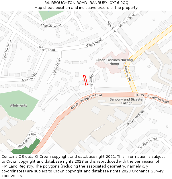 84, BROUGHTON ROAD, BANBURY, OX16 9QQ: Location map and indicative extent of plot