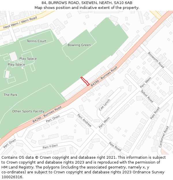 84, BURROWS ROAD, SKEWEN, NEATH, SA10 6AB: Location map and indicative extent of plot