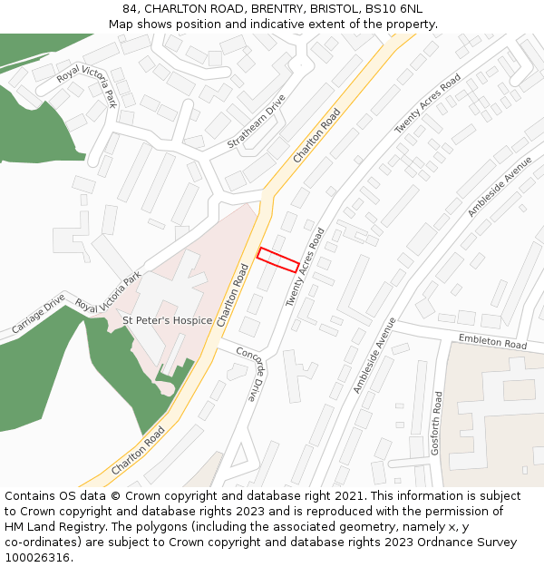 84, CHARLTON ROAD, BRENTRY, BRISTOL, BS10 6NL: Location map and indicative extent of plot