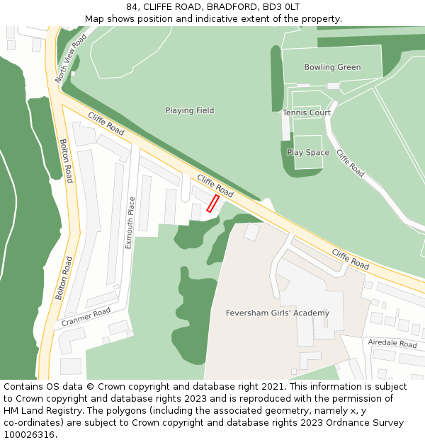 84, CLIFFE ROAD, BRADFORD, BD3 0LT: Location map and indicative extent of plot