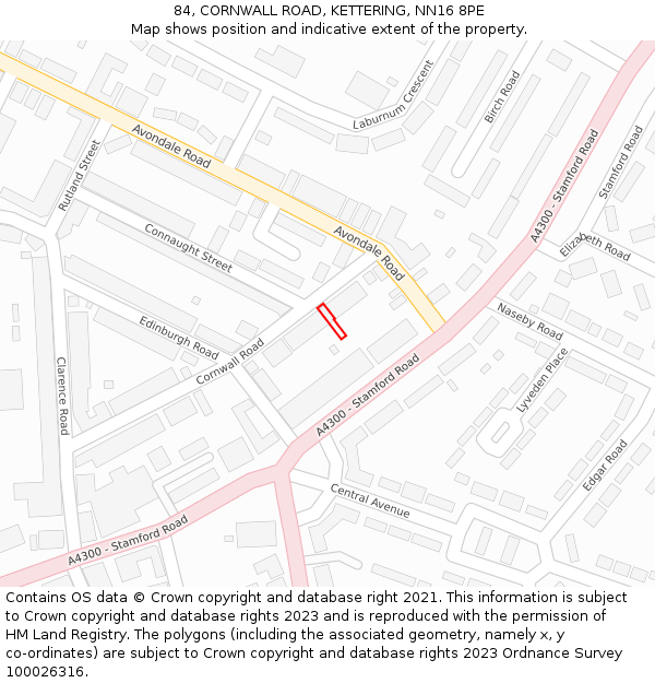 84, CORNWALL ROAD, KETTERING, NN16 8PE: Location map and indicative extent of plot