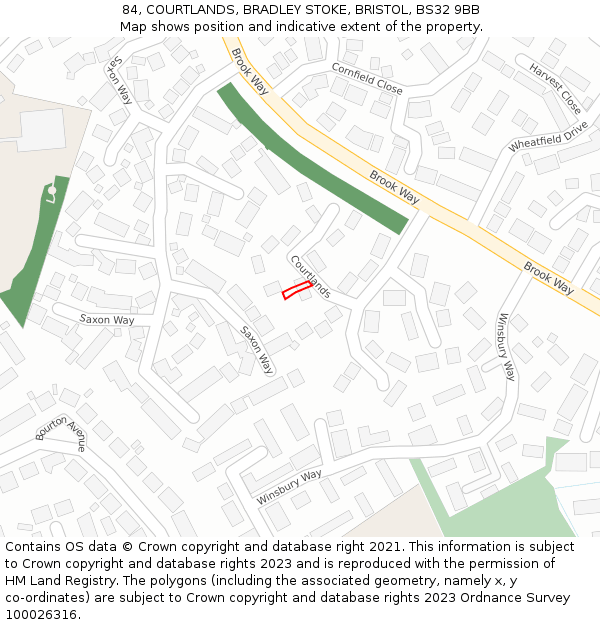 84, COURTLANDS, BRADLEY STOKE, BRISTOL, BS32 9BB: Location map and indicative extent of plot
