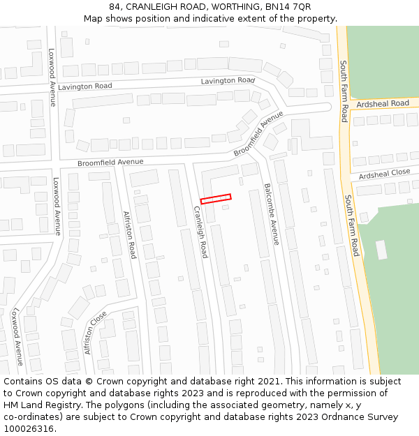 84, CRANLEIGH ROAD, WORTHING, BN14 7QR: Location map and indicative extent of plot