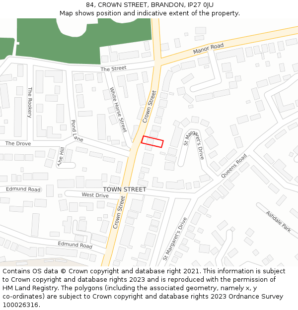 84, CROWN STREET, BRANDON, IP27 0JU: Location map and indicative extent of plot