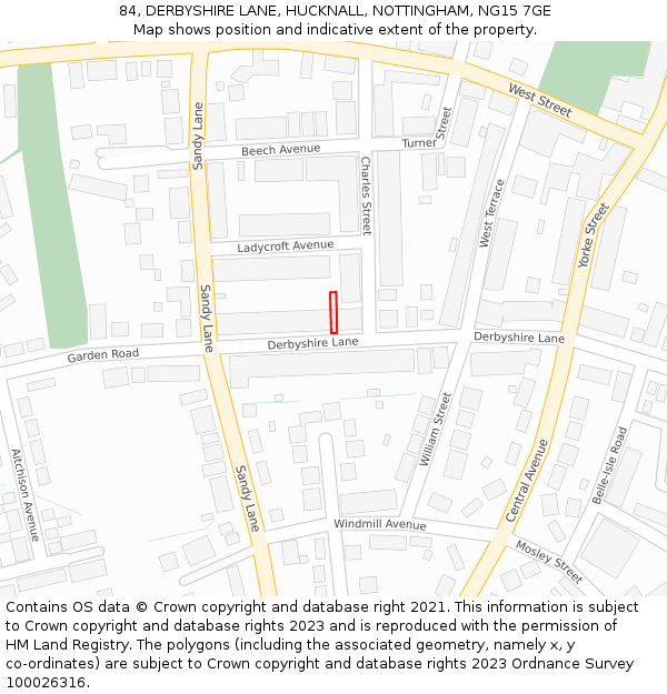 84, DERBYSHIRE LANE, HUCKNALL, NOTTINGHAM, NG15 7GE: Location map and indicative extent of plot