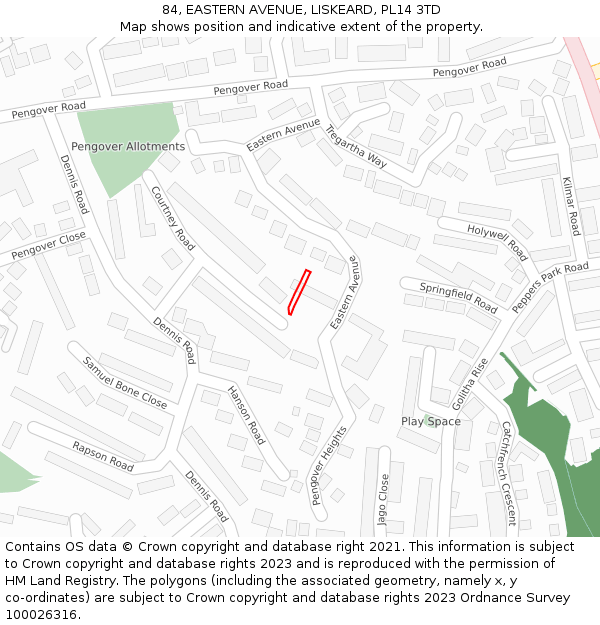 84, EASTERN AVENUE, LISKEARD, PL14 3TD: Location map and indicative extent of plot