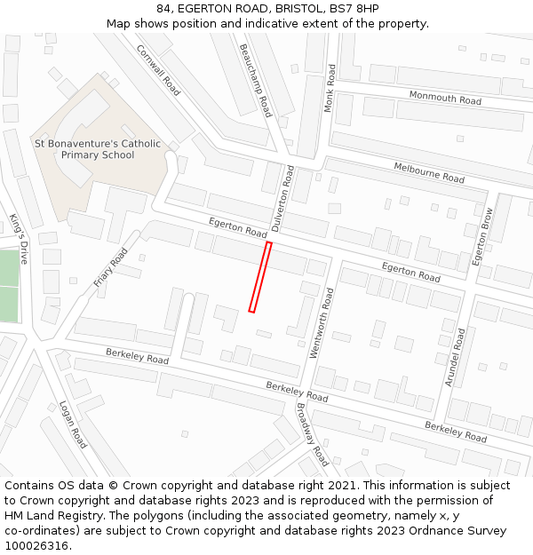 84, EGERTON ROAD, BRISTOL, BS7 8HP: Location map and indicative extent of plot