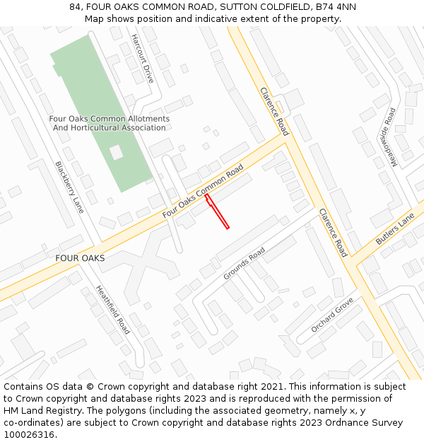 84, FOUR OAKS COMMON ROAD, SUTTON COLDFIELD, B74 4NN: Location map and indicative extent of plot