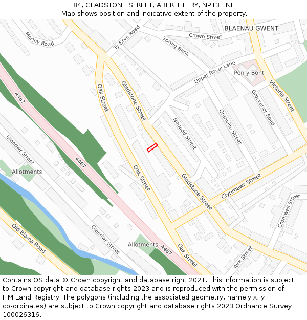 84, GLADSTONE STREET, ABERTILLERY, NP13 1NE: Location map and indicative extent of plot