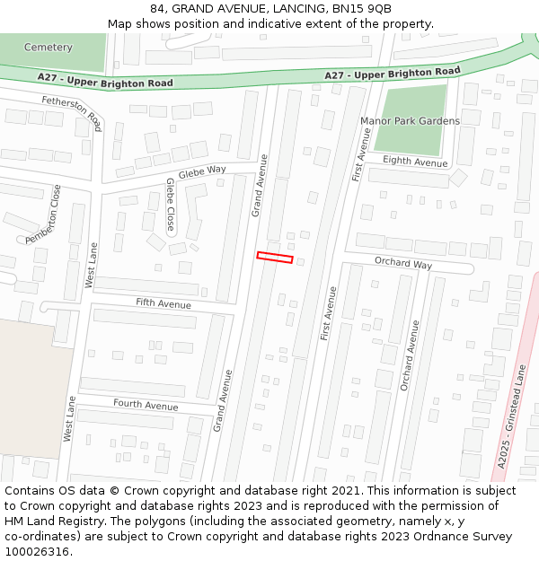 84, GRAND AVENUE, LANCING, BN15 9QB: Location map and indicative extent of plot
