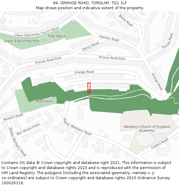 84, GRANGE ROAD, TORQUAY, TQ1 1LF: Location map and indicative extent of plot
