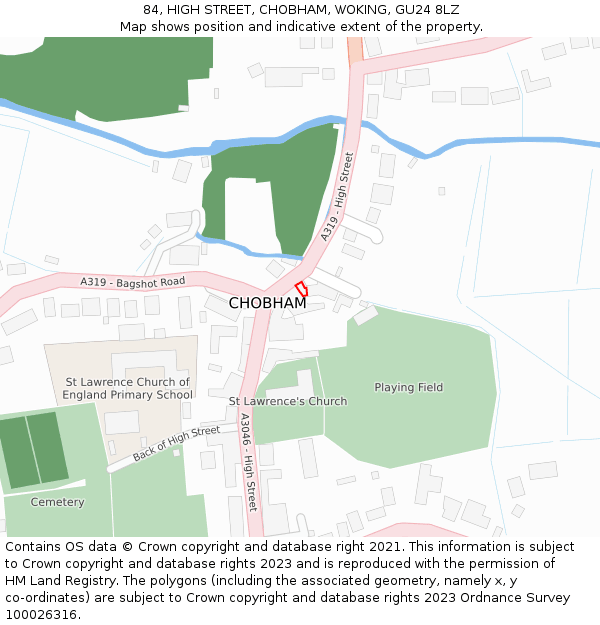 84, HIGH STREET, CHOBHAM, WOKING, GU24 8LZ: Location map and indicative extent of plot