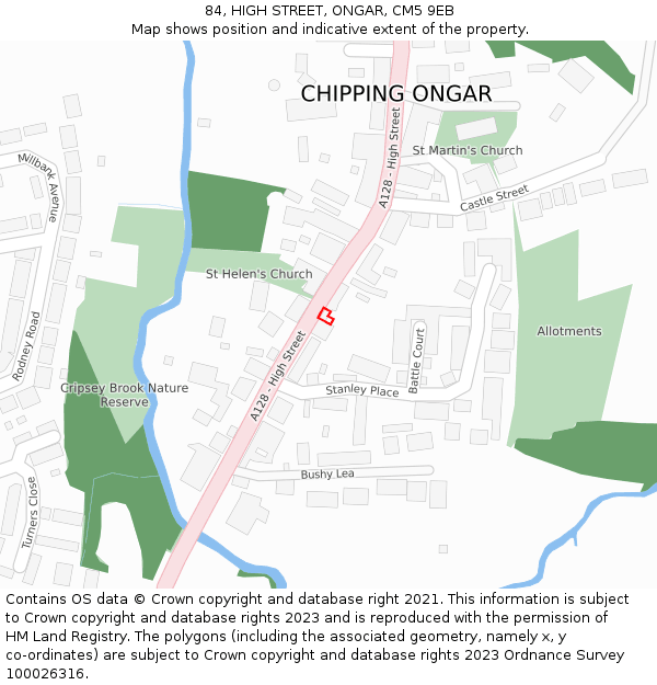 84, HIGH STREET, ONGAR, CM5 9EB: Location map and indicative extent of plot