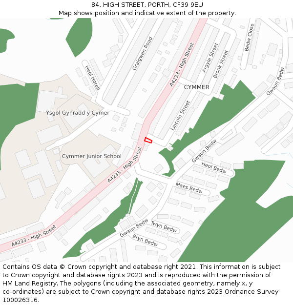 84, HIGH STREET, PORTH, CF39 9EU: Location map and indicative extent of plot