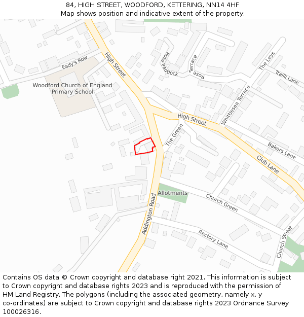 84, HIGH STREET, WOODFORD, KETTERING, NN14 4HF: Location map and indicative extent of plot