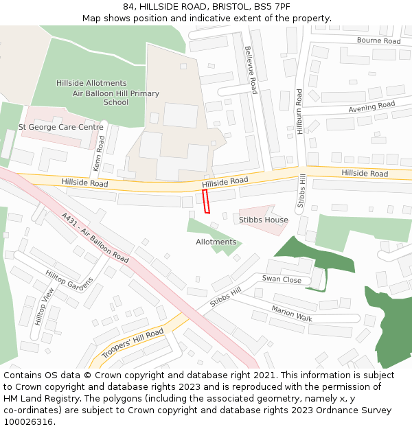 84, HILLSIDE ROAD, BRISTOL, BS5 7PF: Location map and indicative extent of plot