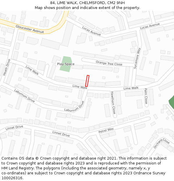 84, LIME WALK, CHELMSFORD, CM2 9NH: Location map and indicative extent of plot