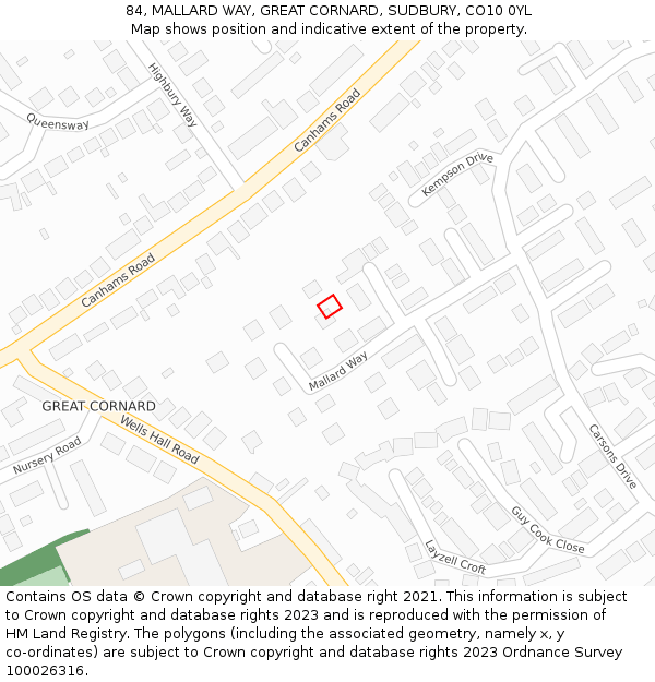 84, MALLARD WAY, GREAT CORNARD, SUDBURY, CO10 0YL: Location map and indicative extent of plot