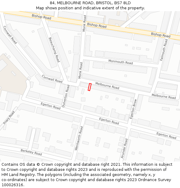 84, MELBOURNE ROAD, BRISTOL, BS7 8LD: Location map and indicative extent of plot