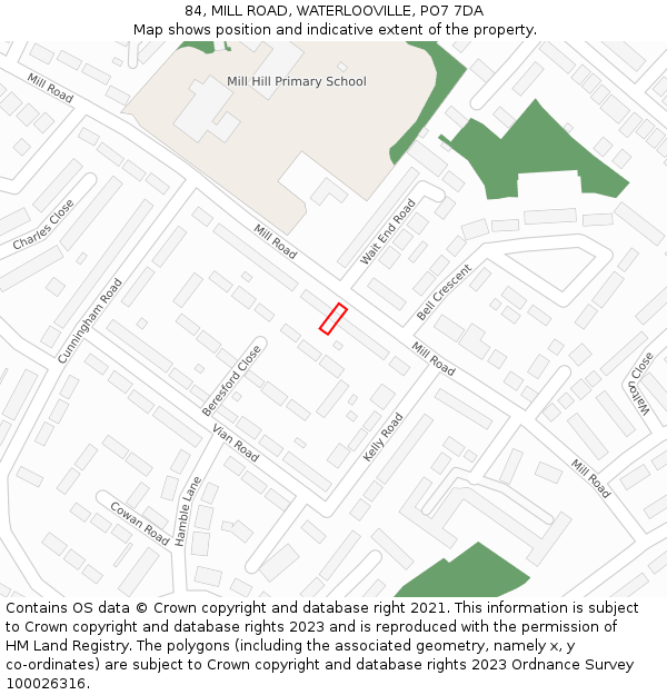 84, MILL ROAD, WATERLOOVILLE, PO7 7DA: Location map and indicative extent of plot