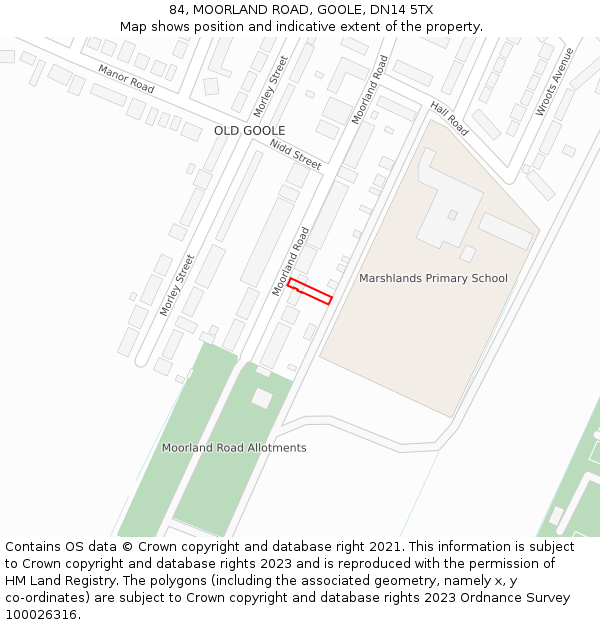 84, MOORLAND ROAD, GOOLE, DN14 5TX: Location map and indicative extent of plot