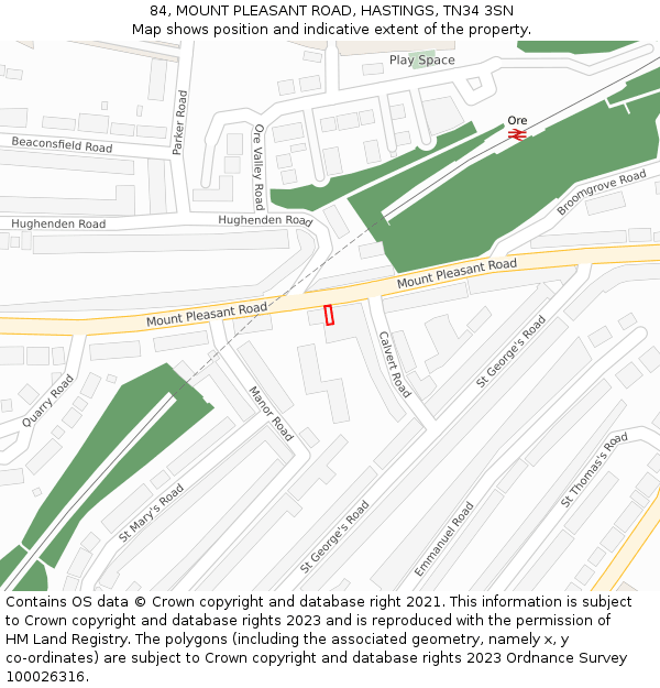 84, MOUNT PLEASANT ROAD, HASTINGS, TN34 3SN: Location map and indicative extent of plot