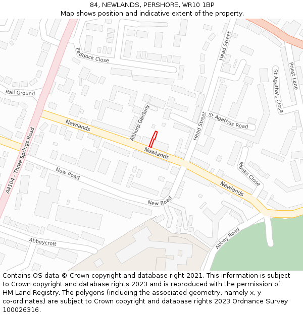 84, NEWLANDS, PERSHORE, WR10 1BP: Location map and indicative extent of plot