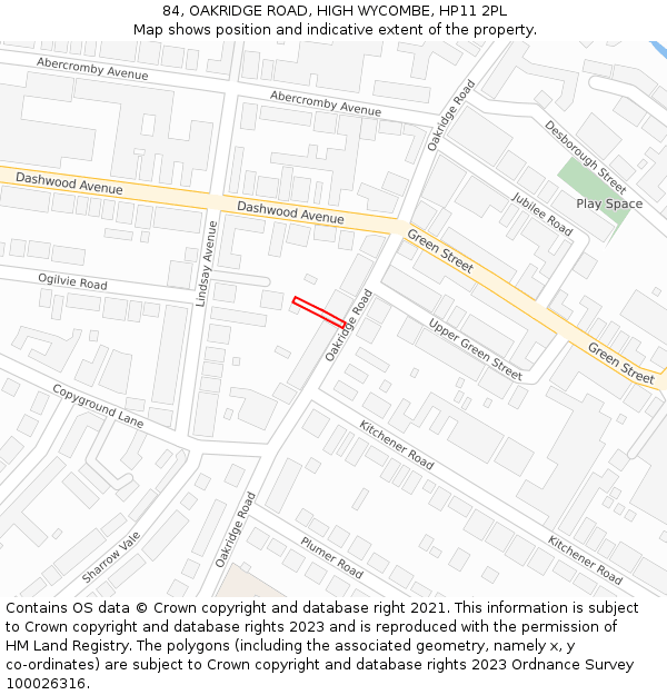 84, OAKRIDGE ROAD, HIGH WYCOMBE, HP11 2PL: Location map and indicative extent of plot