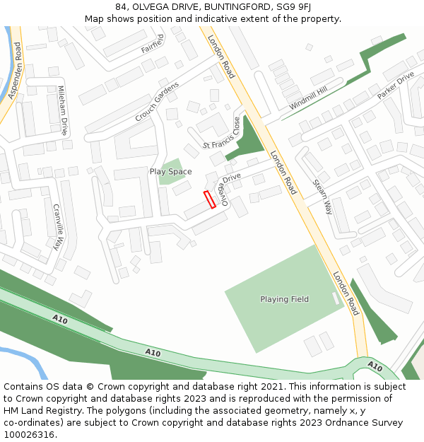 84, OLVEGA DRIVE, BUNTINGFORD, SG9 9FJ: Location map and indicative extent of plot