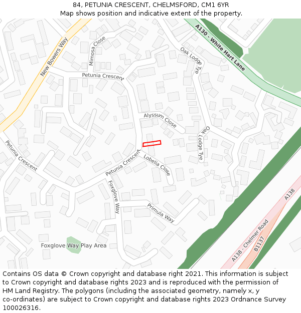 84, PETUNIA CRESCENT, CHELMSFORD, CM1 6YR: Location map and indicative extent of plot