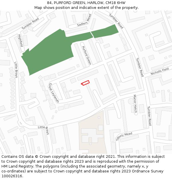 84, PURFORD GREEN, HARLOW, CM18 6HW: Location map and indicative extent of plot