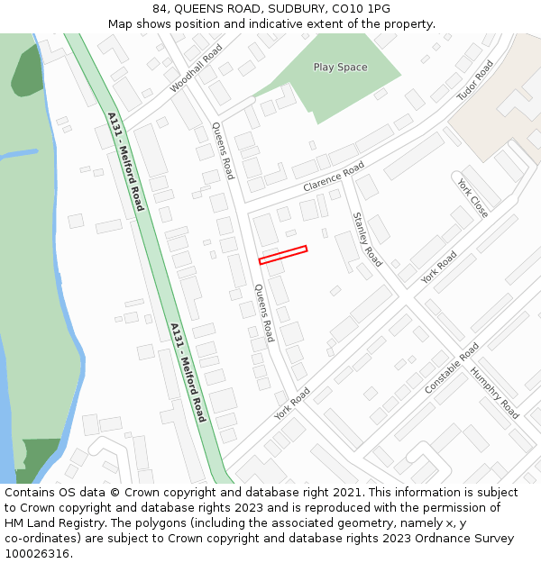 84, QUEENS ROAD, SUDBURY, CO10 1PG: Location map and indicative extent of plot