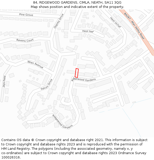 84, RIDGEWOOD GARDENS, CIMLA, NEATH, SA11 3QG: Location map and indicative extent of plot