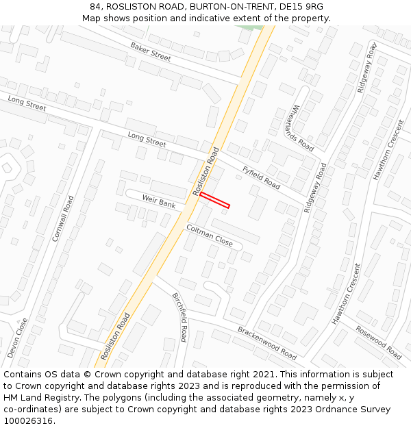 84, ROSLISTON ROAD, BURTON-ON-TRENT, DE15 9RG: Location map and indicative extent of plot