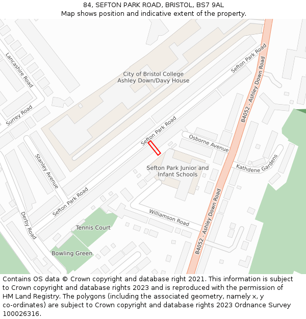 84, SEFTON PARK ROAD, BRISTOL, BS7 9AL: Location map and indicative extent of plot