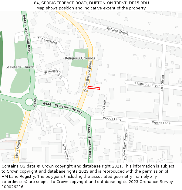 84, SPRING TERRACE ROAD, BURTON-ON-TRENT, DE15 9DU: Location map and indicative extent of plot