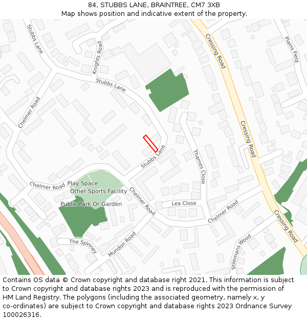 84, STUBBS LANE, BRAINTREE, CM7 3XB: Location map and indicative extent of plot