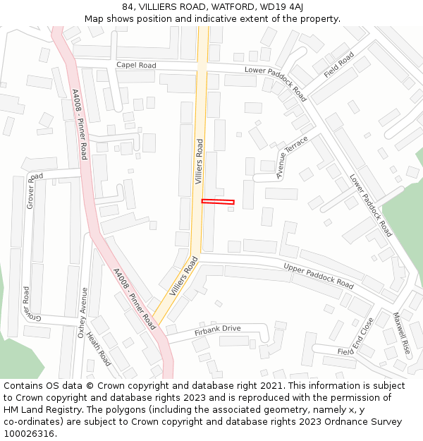 84, VILLIERS ROAD, WATFORD, WD19 4AJ: Location map and indicative extent of plot