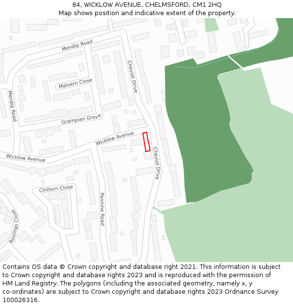 84, WICKLOW AVENUE, CHELMSFORD, CM1 2HQ: Location map and indicative extent of plot