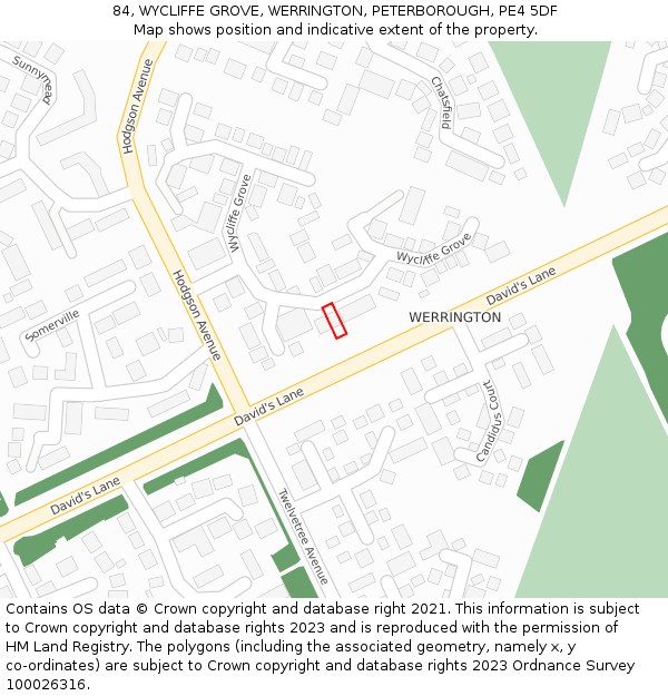 84, WYCLIFFE GROVE, WERRINGTON, PETERBOROUGH, PE4 5DF: Location map and indicative extent of plot