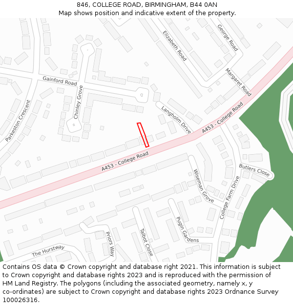 846, COLLEGE ROAD, BIRMINGHAM, B44 0AN: Location map and indicative extent of plot