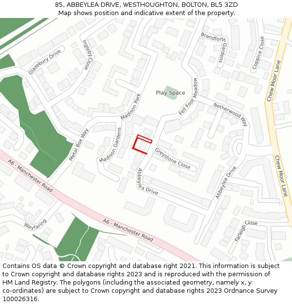 85, ABBEYLEA DRIVE, WESTHOUGHTON, BOLTON, BL5 3ZD: Location map and indicative extent of plot