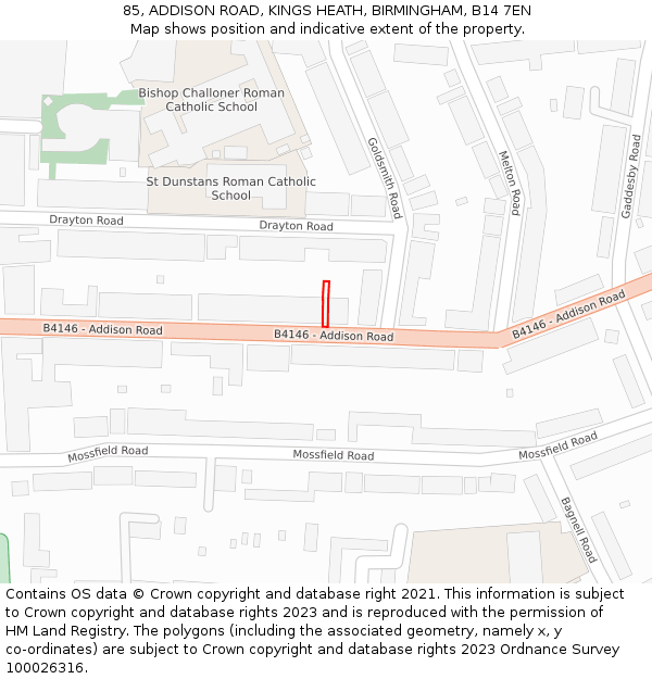 85, ADDISON ROAD, KINGS HEATH, BIRMINGHAM, B14 7EN: Location map and indicative extent of plot