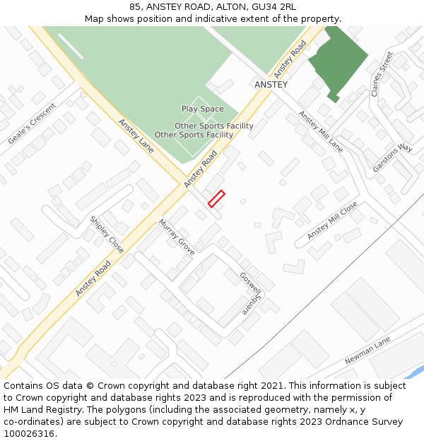 85, ANSTEY ROAD, ALTON, GU34 2RL: Location map and indicative extent of plot