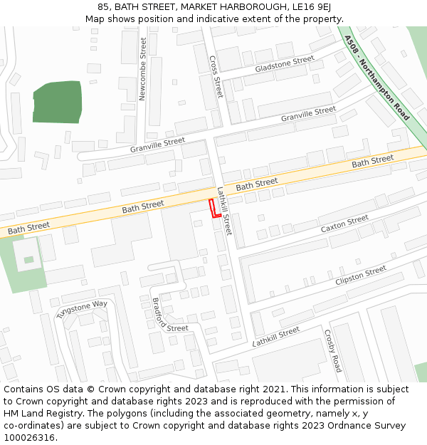 85, BATH STREET, MARKET HARBOROUGH, LE16 9EJ: Location map and indicative extent of plot