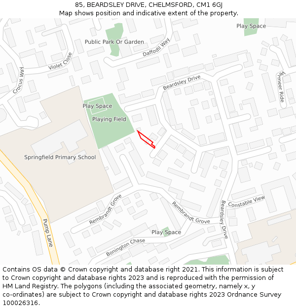 85, BEARDSLEY DRIVE, CHELMSFORD, CM1 6GJ: Location map and indicative extent of plot