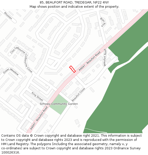 85, BEAUFORT ROAD, TREDEGAR, NP22 4NY: Location map and indicative extent of plot
