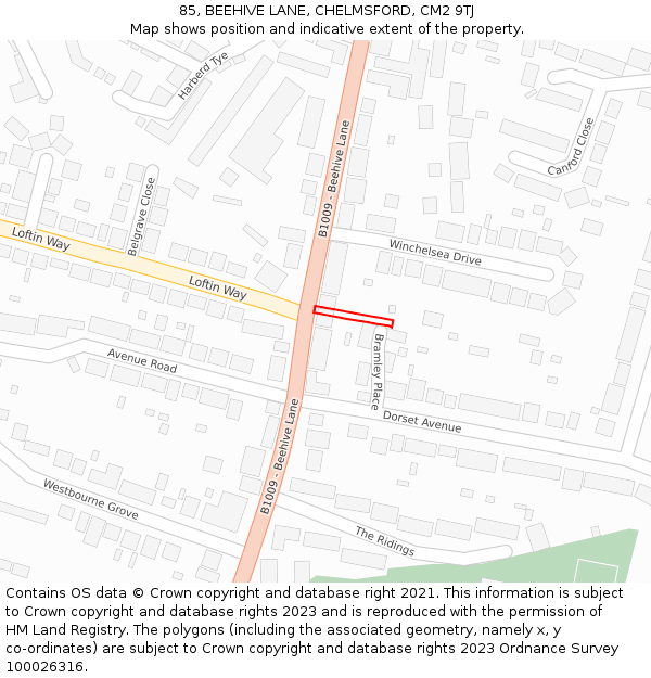 85, BEEHIVE LANE, CHELMSFORD, CM2 9TJ: Location map and indicative extent of plot