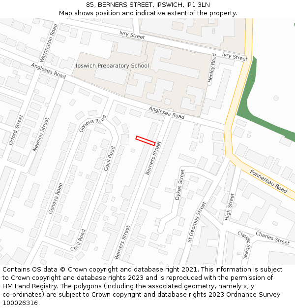 85, BERNERS STREET, IPSWICH, IP1 3LN: Location map and indicative extent of plot